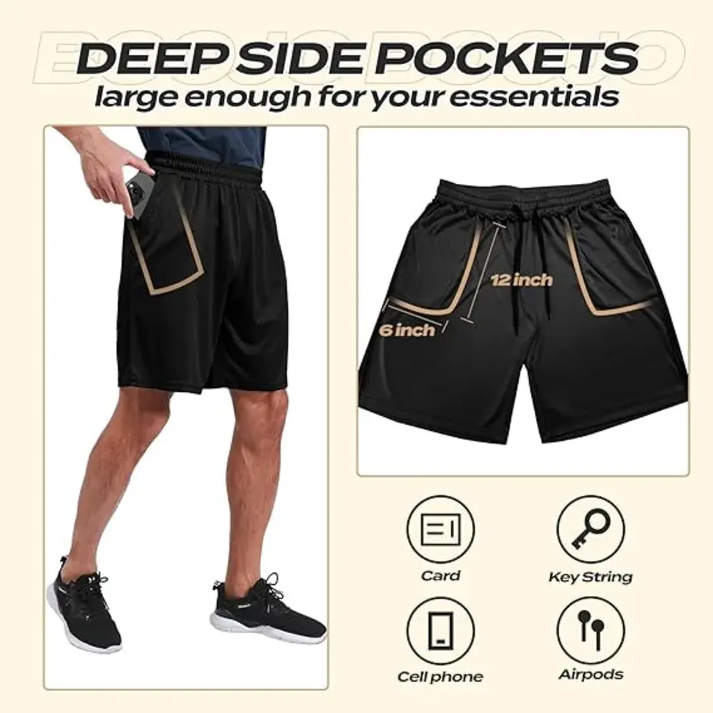 BOOJO 5 Pack Athletic Gym Mens Shorts - Workout Black Quick Dry Basketball Shorts with Pockets for Running Casual Activewear overlay
