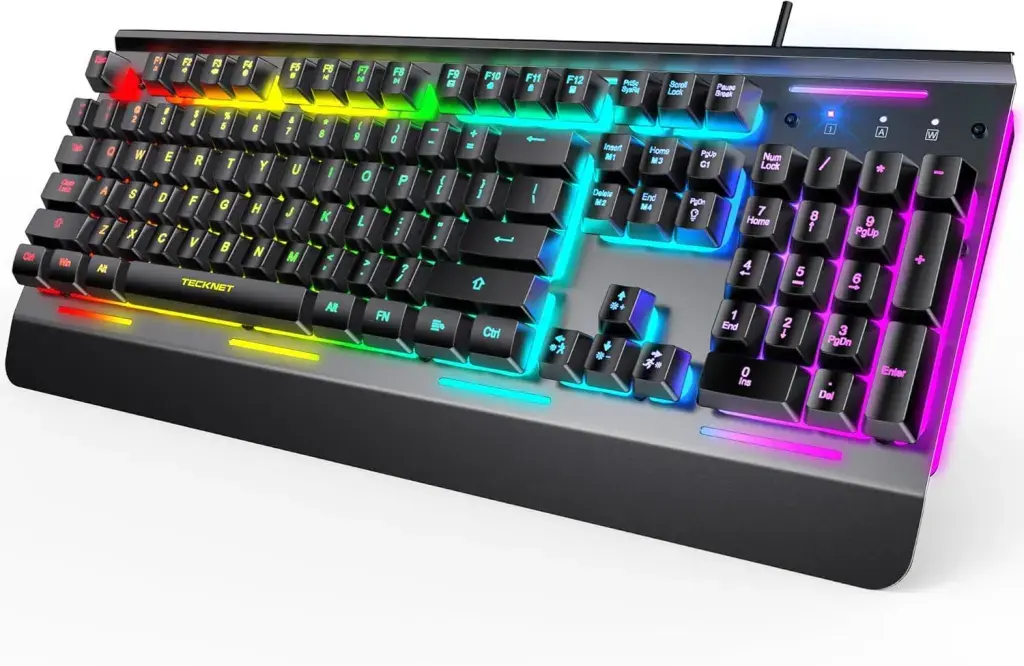 TECKNET Gaming Keyboard, USB Wired Computer Keyboard, 15-Zone RGB Illumination, IP32 Water Resistance, 25 Anti-ghosting Keys, All-Metal Panel (Whisper Quiet Gaming Switch) overlay