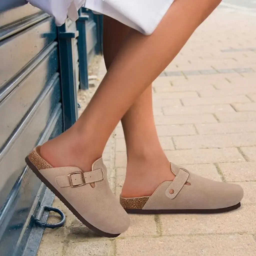ODOLY Genuine Suede Clogs for Women Men Soft Cork Footbed Leather Mules Comfort Potato Shoes with Arch Support overlay