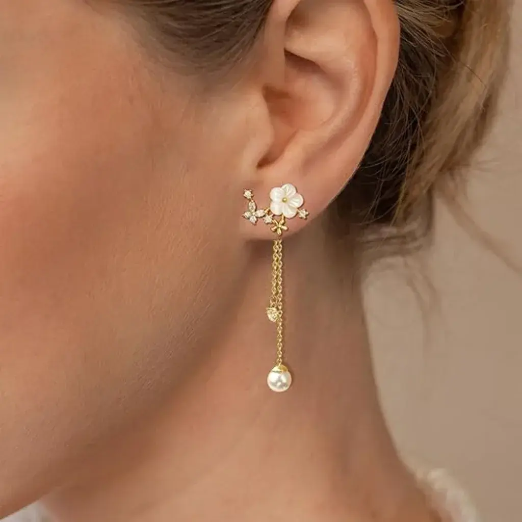 Dangle Pearl Drop Earrings For Women Trendy Long Threader Chain Dainty Flower Wedding Earrings For Brides CZ Cute 14K Gold Statement Sparkly Jewelry