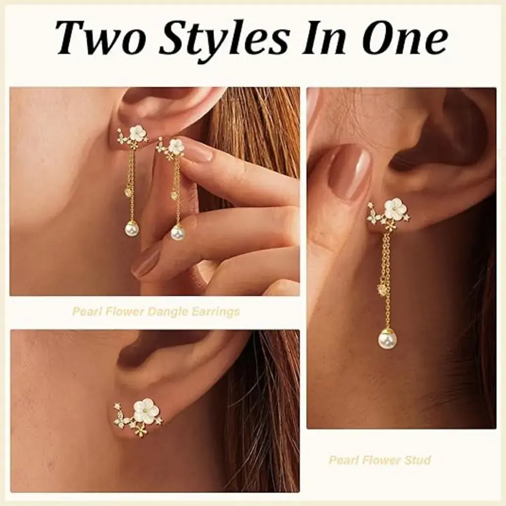 Dangle Pearl Drop Earrings For Women Trendy Long Threader Chain Dainty Flower Wedding Earrings For Brides CZ Cute 14K Gold Statement Sparkly Jewelry overlay