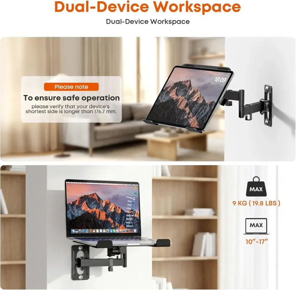 PUTORSEN 2-in-1 Laptop Wall Mount, Adjustable Arm for 10-17 Inch Notebook & Screens Under 32", Full Motion Adjustable Laptop Arm with Detachable Tray, Holds 4.4-19.8 lbs (Black) overlay